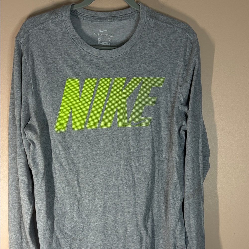 Nike Heather Gray Long Sleeve Tee with Neon Yellow Logo